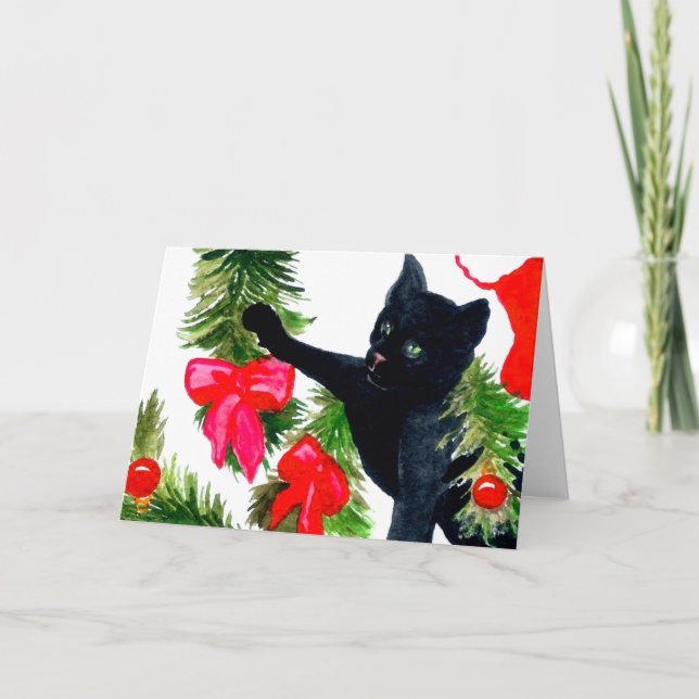 Cartes Pour Fêtes Annuelles Chat Noir de Noël Arbre de Noël (Devant)