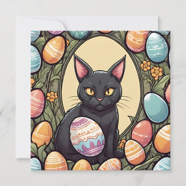 Cartes Pour Fêtes Annuelles Chat noir de Pâques et oeufs peints (Devant)