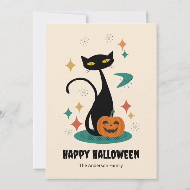 Cartes Pour Fêtes Annuelles Chat noir d'Halloween du milieu du siècle (Devant)