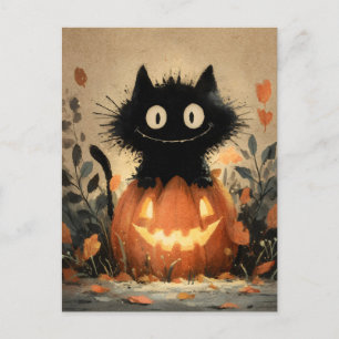 Cartes Pour Fêtes Annuelles Chat noir d'Halloween mignonne sur une Jack-o'lant