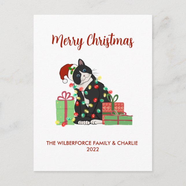 Cartes Pour Fêtes Annuelles Chat noir drôle et lumières de Noël Noël (Devant)