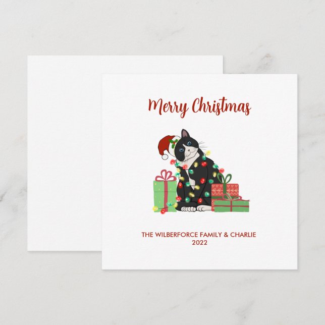 Cartes Pour Fêtes Annuelles Chat noir drôle et lumières Noël (Devant / Derrière)
