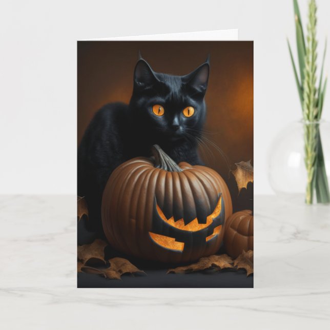 Cartes Pour Fêtes Annuelles Chat noir et Jack-O-Lantern (Devant)