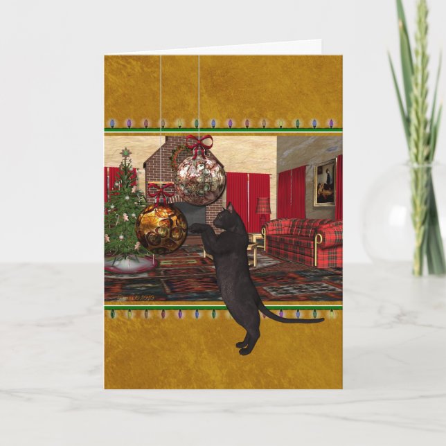 Cartes Pour Fêtes Annuelles Chat noir et ornements - Joyeux Noël (Devant)