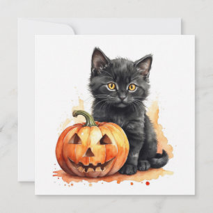 Cartes Pour Fêtes Annuelles Chat noir Halloween aquarelle avec citrouille