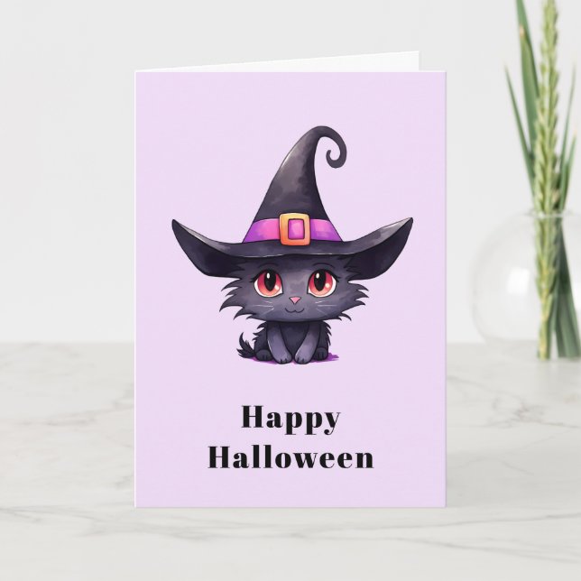 Cartes Pour Fêtes Annuelles Chat noir mignon portant l'Halloween Casquette d'u (Devant)