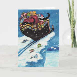 Cartes Pour Fêtes Annuelles Chat noir Père Noël Sleigh par Bihrle
