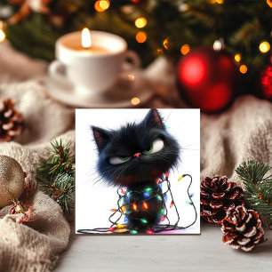 Cartes Pour Fêtes Annuelles Chat noir sassy enveloppé dans des lumières festiv