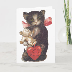 Cartes Pour Fêtes Annuelles Chat noir vintage et Chiot Valentine's Day Card