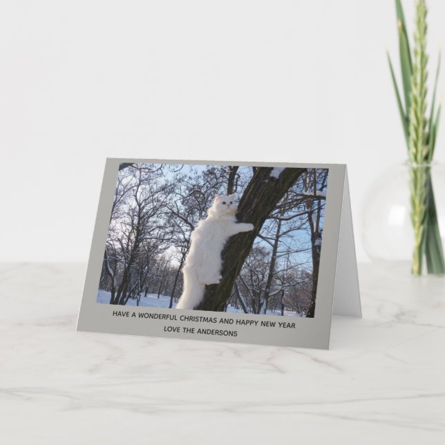 Cartes Pour Fêtes Annuelles Chat perse blanc haut un arbre Noël personnalisé (Devant)