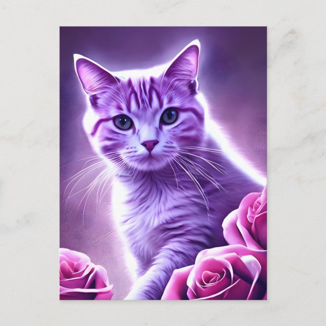 Cartes Pour Fêtes Annuelles Chat pourpre appelé Lavender avec roses (Devant)