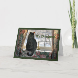 Cartes Pour Fêtes Annuelles Chat regarde par la fenêtre de neige