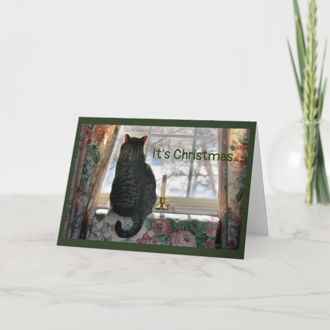 Cartes Pour Fêtes Annuelles Chat regarde par la fenêtre de neige (Devant)