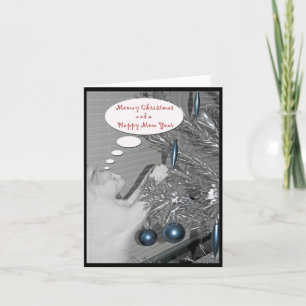 Cartes Pour Fêtes Annuelles chat rétro avec arbre de noël en aluminium