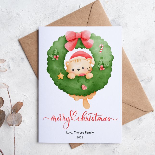 Cartes Pour Fêtes Annuelles Chat Rose Amoureux de Chats Noël Plat (Créateur téléchargé)