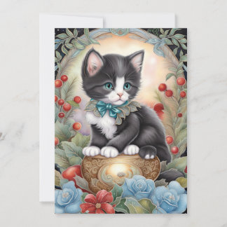 Cartes Pour Fêtes Annuelles Chat Smoking Élégant Art Nouveau Floral 