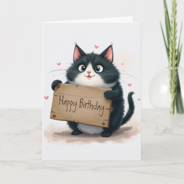Cartes Pour Fêtes Annuelles Chat tenant une joyeuse pancarte d'anniversaire (Devant)