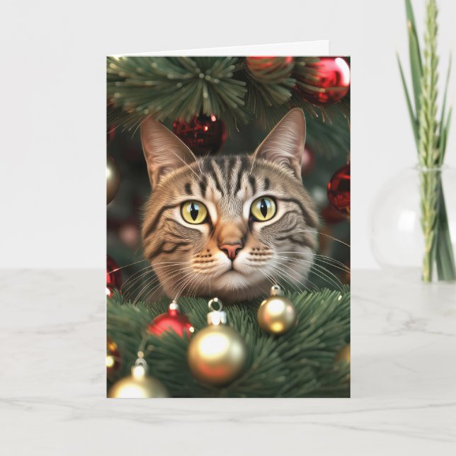 Cartes Pour Fêtes Annuelles Chat Tigre Dans Un Sapin De Noël (Devant)