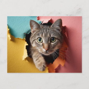 Cartes Pour Fêtes Annuelles Chat tigré joueur regardant à travers du papier dé