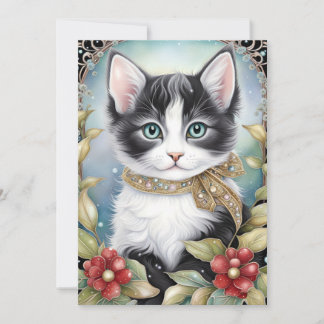 Cartes Pour Fêtes Annuelles Chat Tuxedo Élégant Cadre Flore d'Hiver