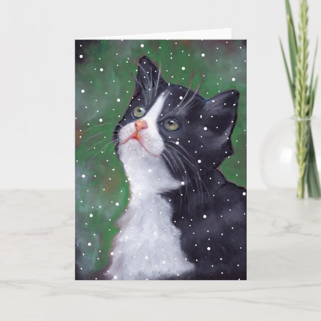 Cartes Pour Fêtes Annuelles Chat Tuxedo Regardant les Flocons de Neige, Art (Devant)