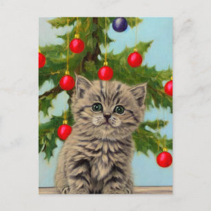 Cartes Pour Fêtes Annuelles Chat vintage et sapin de Noël