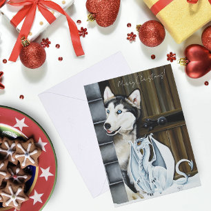 Cartes Pour Fêtes Annuelles Château Dragon Fantaisiste de Chien Husky d'Hiver 