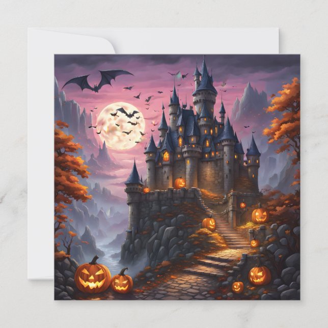 Cartes Pour Fêtes Annuelles Château Halloween ensorcelé et citrouilles (Devant)