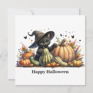 Cartes Pour Fêtes Annuelles Chaton de sorcière noire Halloween W/ Gourds Citro