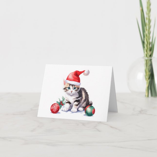 Cartes Pour Fêtes Annuelles Chaton gris tabby Père Noël BLANK (Devant)