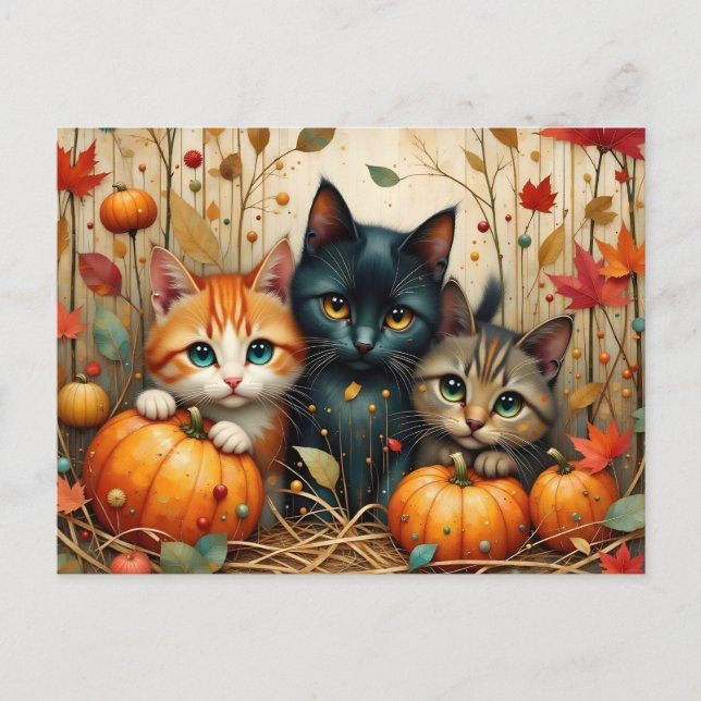 Cartes Pour Fêtes Annuelles Chatons d'automne Citrouilles et feuillage (Devant)