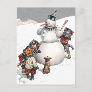 Cartes Pour Fêtes Annuelles Chats adorables construisant un bonhomme de neige