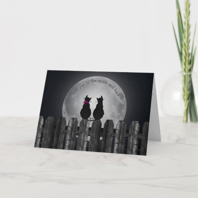 Cartes Pour Fêtes Annuelles chats d'anniversaire à la clôture avec pleine lune (Devant)