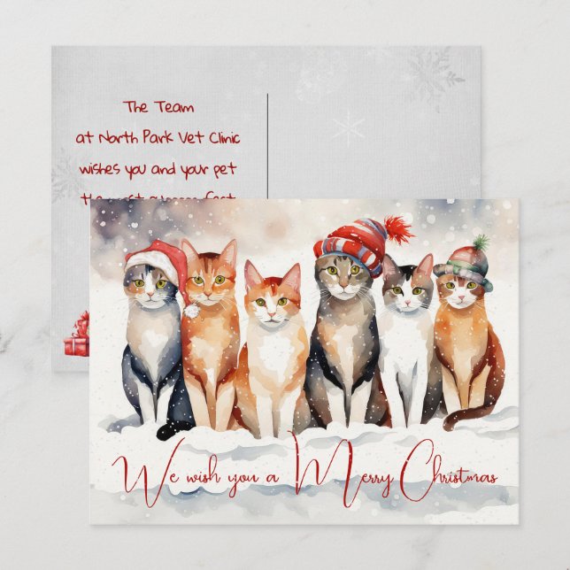 Cartes Pour Fêtes Annuelles Chats de Noël aquarelle de la clinique vétérinaire (Devant / Derrière)