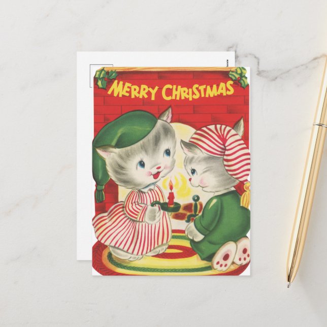 Cartes Pour Fêtes Annuelles chats de Noël rétro (Devant/Arrière en situation)
