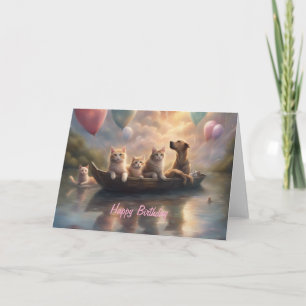 Cartes Pour Fêtes Annuelles Chats et chien ballon flottant lac anniversaire