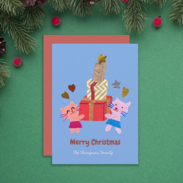 Cartes Pour Fêtes Annuelles Chats mignons avec cadeaux Noël bleu (Créateur téléchargé)
