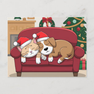 Cartes Pour Fêtes Annuelles chatte à chien père Noël casquette noël