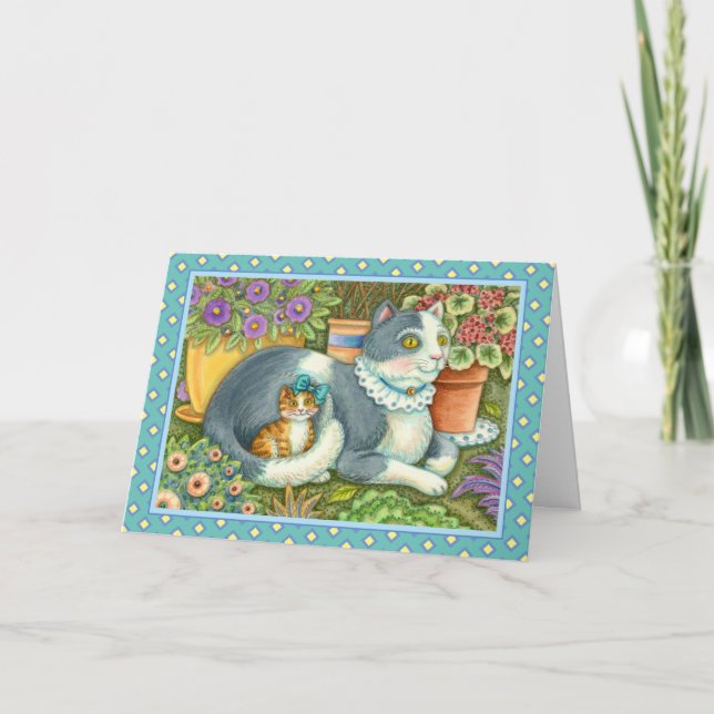 CARTES POUR FÊTES ANNUELLES CHATTE ET CHATON, FLEURS EN POT, RUBANS & DENTELLE (Devant)