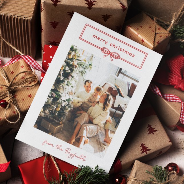 Cartes Pour Fêtes Annuelles Chaud Rouge Blanc Joli Bow Photo Joyeux Noël (Créateur téléchargé)