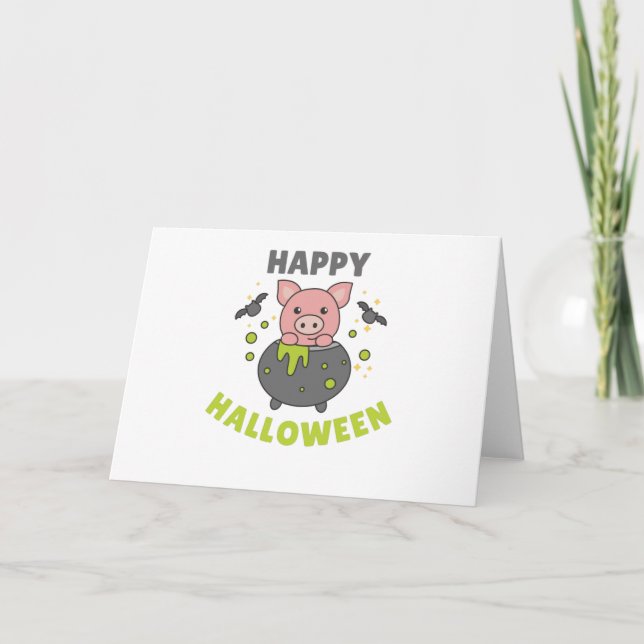 Cartes Pour Fêtes Annuelles Chaudron de Halloween Chauve-Souris Cochon Heureux (Devant)