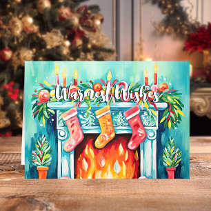 Cartes Pour Fêtes Annuelles Chauds souhaits Cosy Aquarelle cheminée Noël