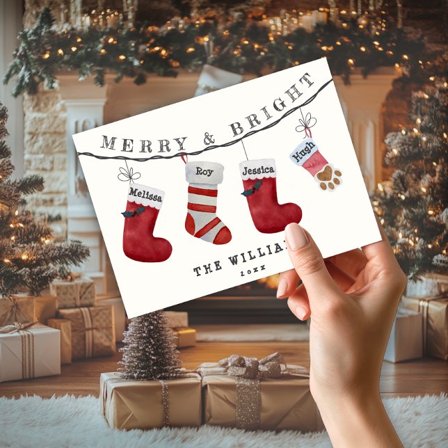 Cartes Pour Fêtes Annuelles Chaussettes de Noël Nom de famille Propriétaires d (Christmas socks Family Name and Pet Name Non Photo holiday Card)