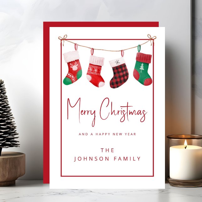 Cartes Pour Fêtes Annuelles Chaussettes Rouges Mignonnes Joyeux Noël (Cute Red Stockings Merry Christmas Holiday Card)