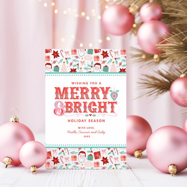 Cartes Pour Fêtes Annuelles Cheerful Merry & Bright | Retro Holly rose et roug (Créateur téléchargé)