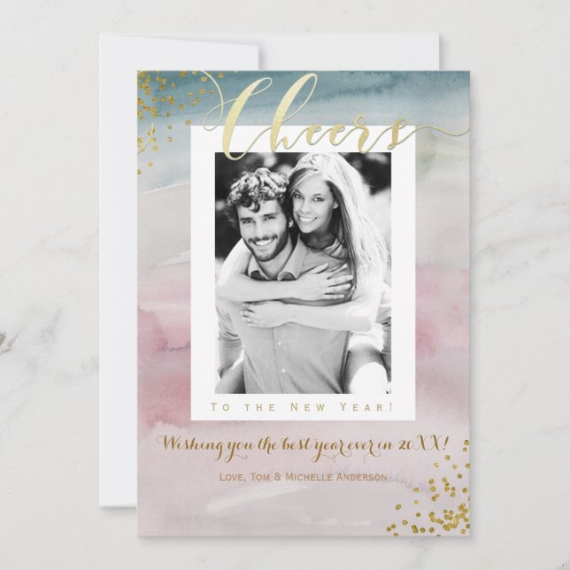 Cartes Pour Fêtes Annuelles CHEERS au Nouvel An Glam aquarelle photo (Devant)