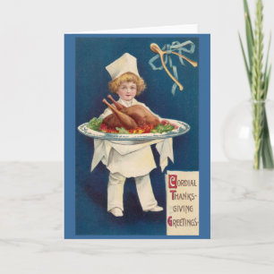 Cartes Pour Fêtes Annuelles Chef avec la Turquie sur le plateau et le Wishbone