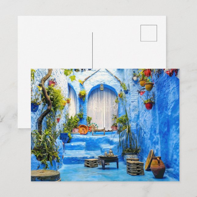 Cartes Pour Fêtes Annuelles Chefchaouen Blue City Maroc Peinture à l'huile Boh (Devant / Derrière)