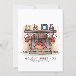 Cartes Pour Fêtes Annuelles Cheminée aquarelle   Salutations de vacances