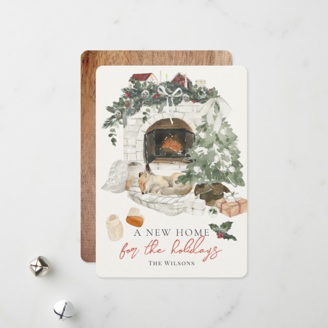 Cartes Pour Fêtes Annuelles Cheminée Arbre Noël Fox Aquarelle Nouveau Accueil  (Devant/Arrière en situation)